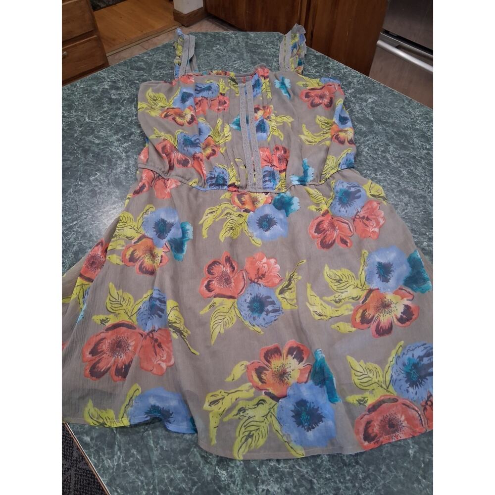 Old Navy Floral Dress Sheer Overlay Elastic Waist Sleeveless Lace Pintuck Sz L
